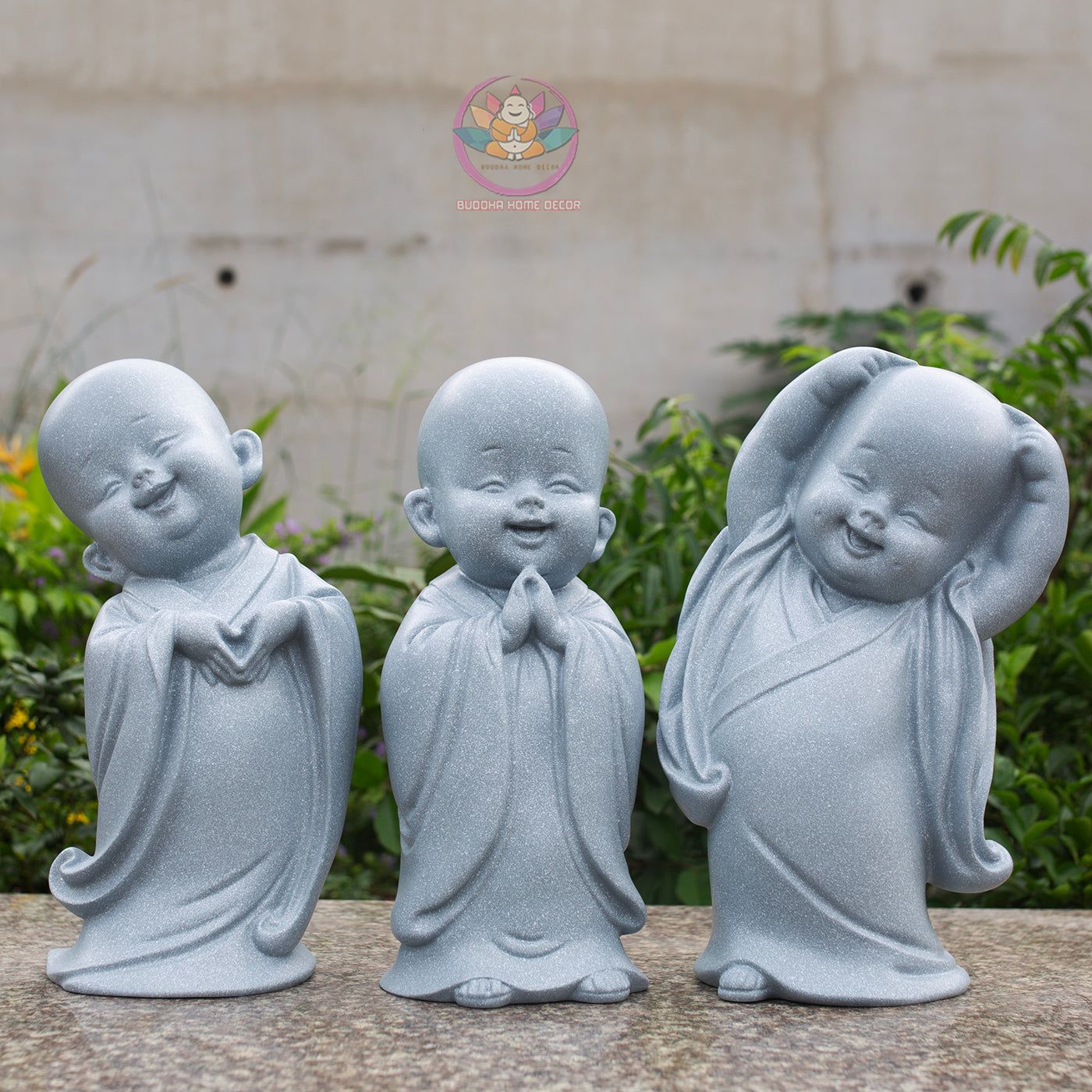Happy Little Monk Statue Set 15.7" | Composite Resin and Stone Powder | Grey Stone Finish | Zen Monk Figurines for Home and Garden Decor