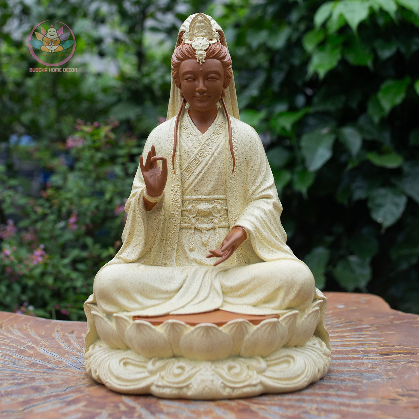 Guanyin Bodhisattva Statue 11.8" – Composite Seated Quan Yin on Lotus Pedestal