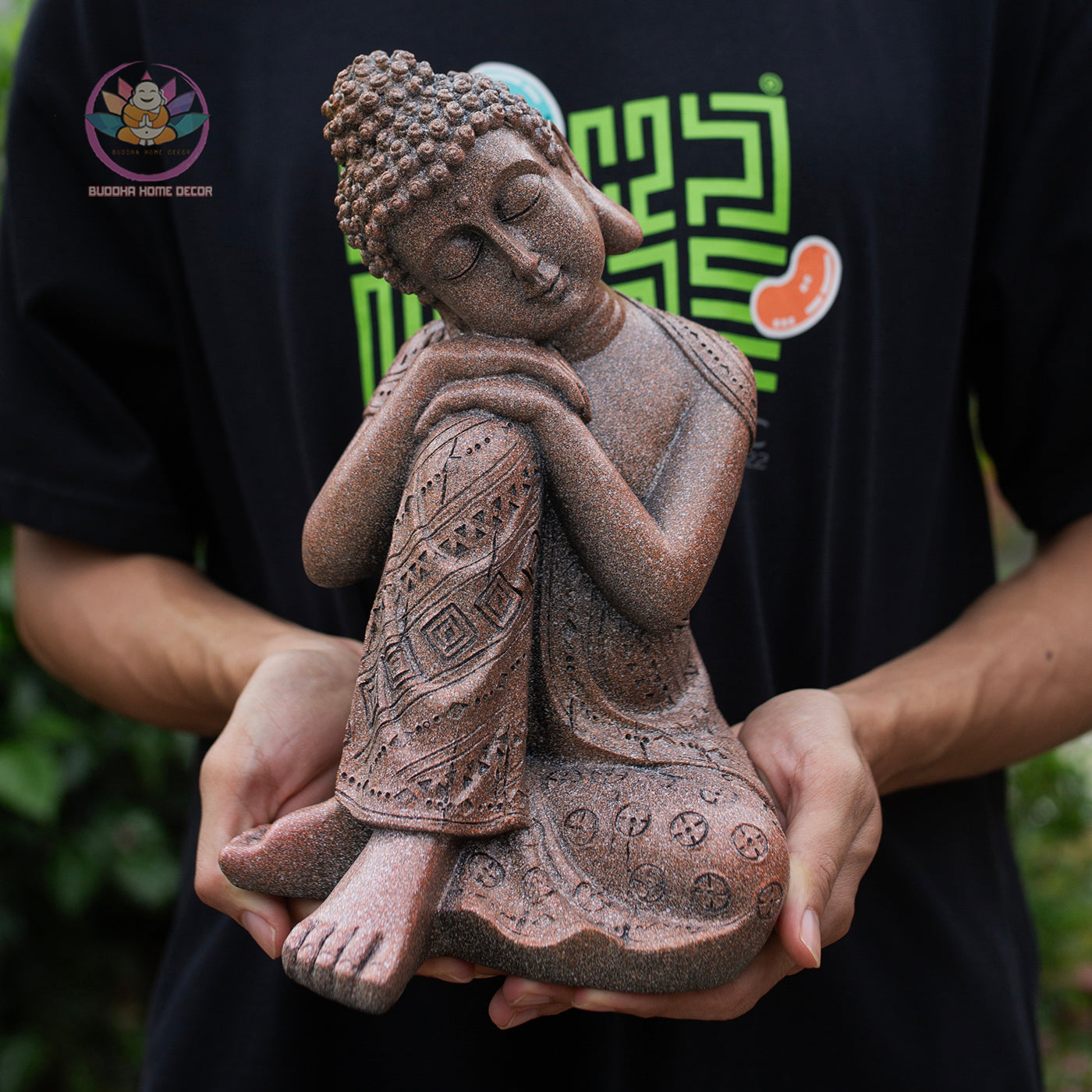 Resting Buddha Statue 9.8" – Red Stone Finish Sleeping Buddha for Home & Garden Decor