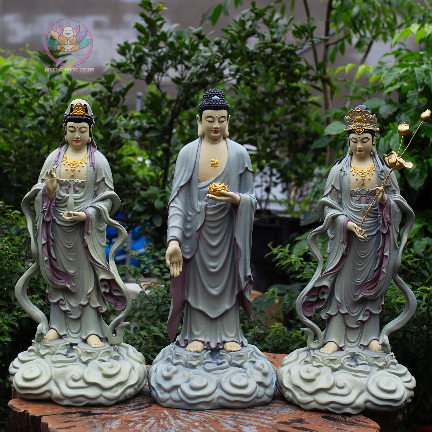Amitabha Trinity set (Amitabha Buddha with Avalokiteshvara & Mahasthamaprapta) – 50 cm Resin Statue Set – Cloud Pedestal Design
