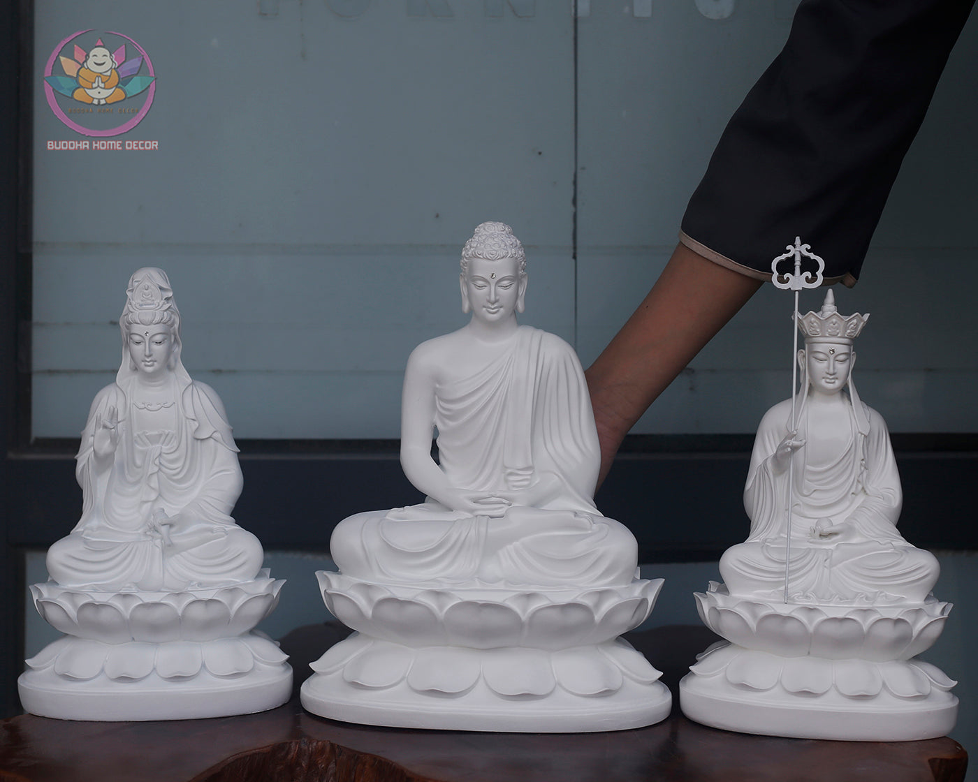 White Buddha Statue Set – Guan Yin, Shakyamuni, Kṣitigarbha | Minimalist Altar Decor | Unpainted Buddhist Trio | Vietnamese Handicraft