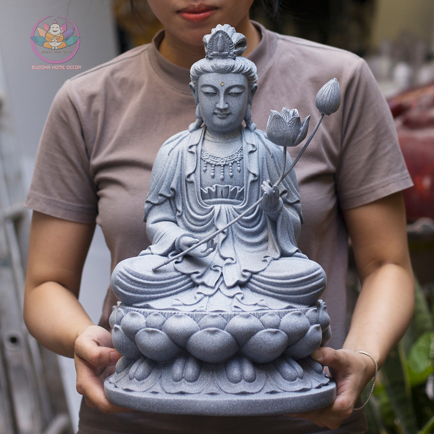 Mahasthamaprapta Bodhisattva Statue – Composite Gray Stone Finish, Seishi Buddhist Sculpture