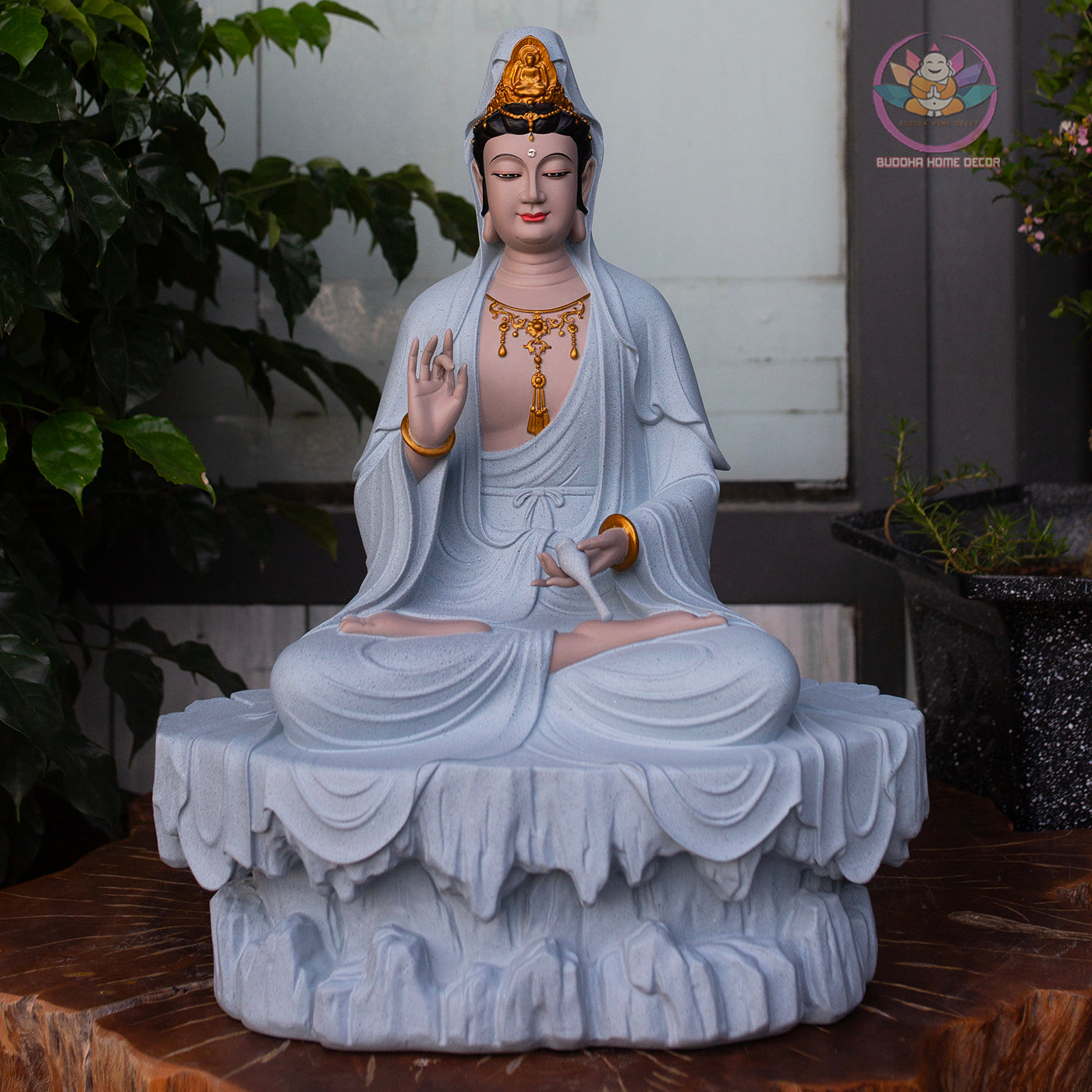 Guanyin Bodhisattva Statue 17.7" – Large Resin Kwan Yin Sitting on Rock Pedestal, Goddess of Mercy Sculpture, Zen Buddhist Altar Decor