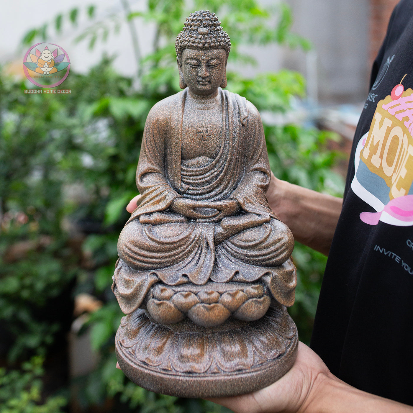Amitabha Buddha Statue 11.8" – Antique Stone Finish Seated Amida Buddha on Lotus Pedestal