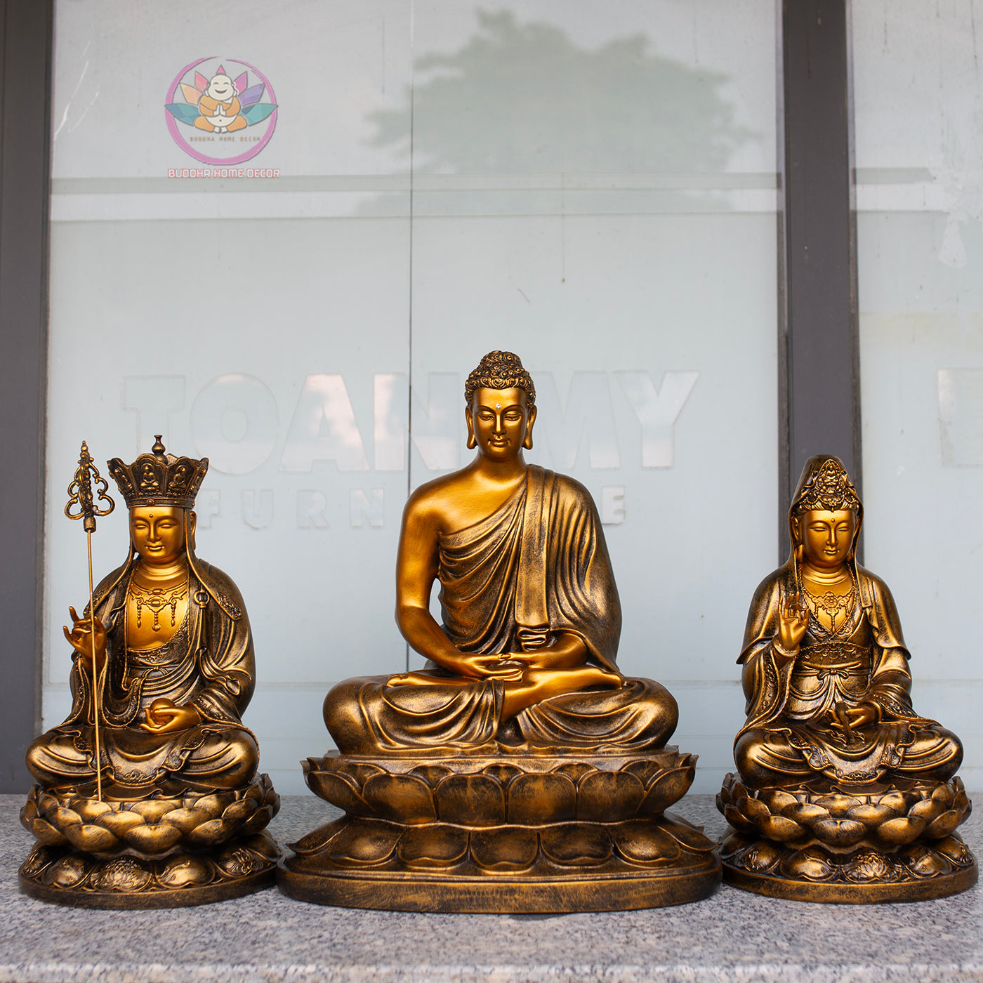 Buddha Statue Set – Shakyamuni 50 cm, Ksitigarbha and Quan Yin 40 cm | Composite Resin and Stone Powder | Golden Finish Buddhist Altar Decor