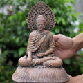 Shakyamuni Buddha Statue 8.7" – Antique Stone Finish Buddha with Halo Backdrop