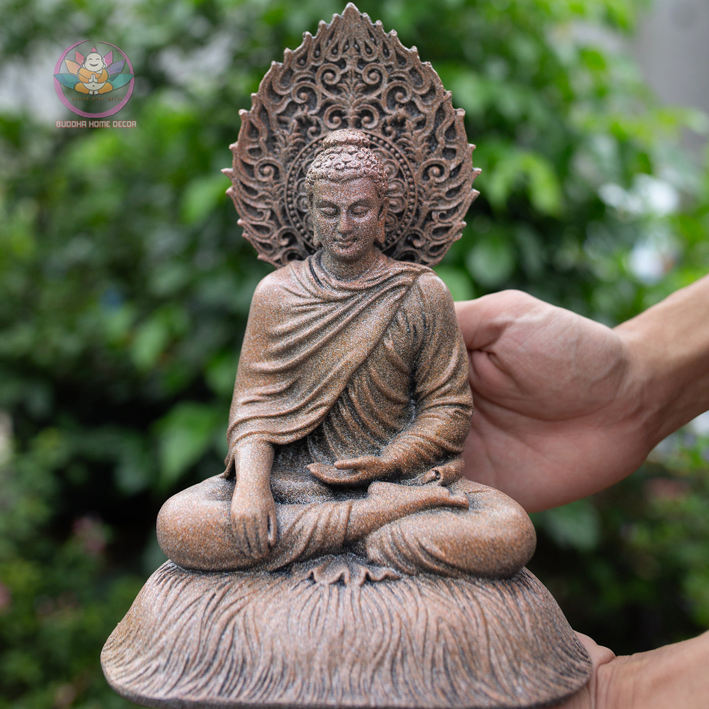 Shakyamuni Buddha Statue 8.7" – Antique Stone Finish Buddha with Halo Backdrop