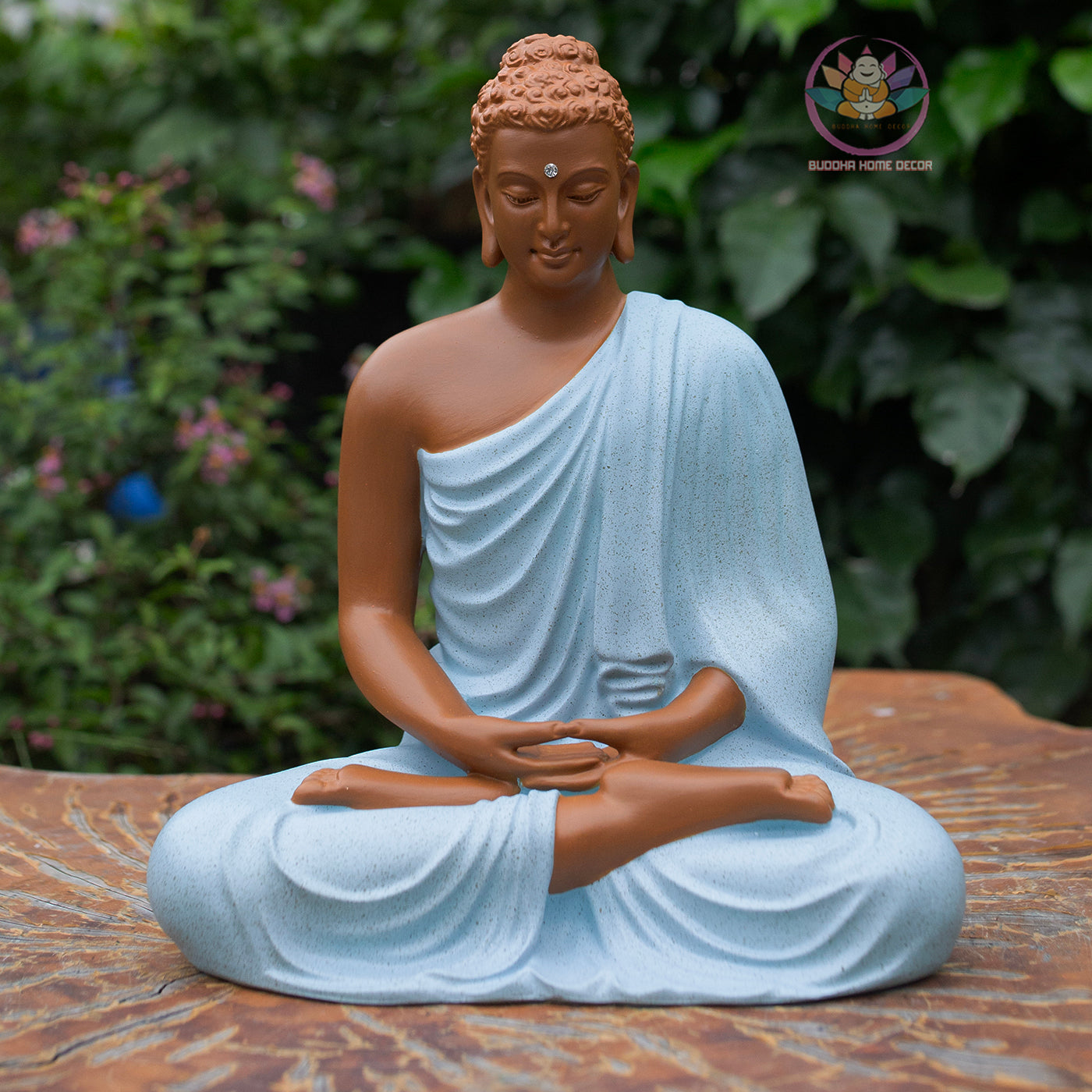 Shakyamuni Buddha Statue 9.4" – Composite Seated Buddha with Blue Robe, Zen Buddhist Altar Home Decor Figurine
