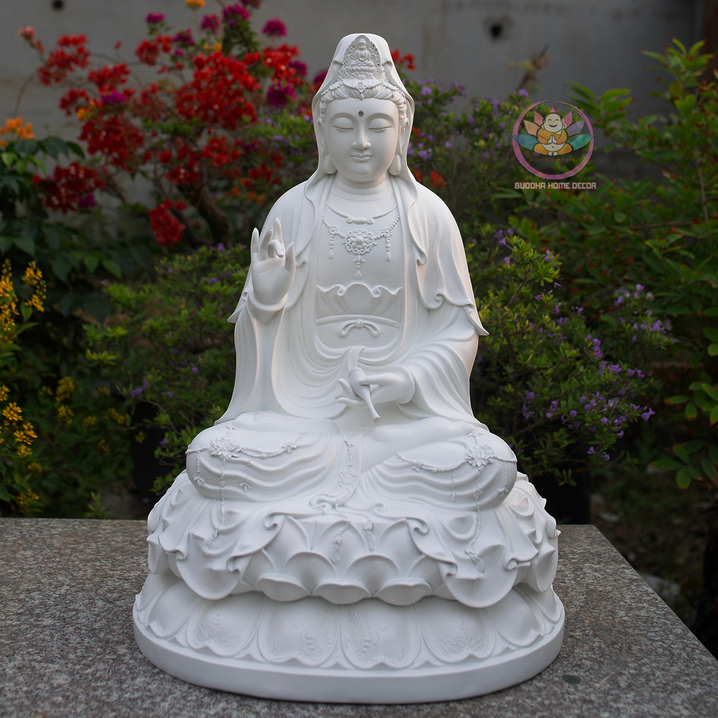 Large White Guanyin Bodhisattva Statue – Handmade Lotus Meditation Decor