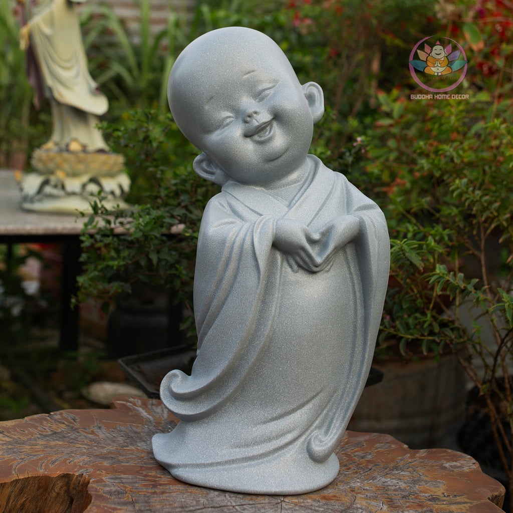 Happy Little Monk Statue 19.7" | Composite Resin and Stone Powder | Grey Stone Finish | Zen Monk Figurines for Home and Garden Decor