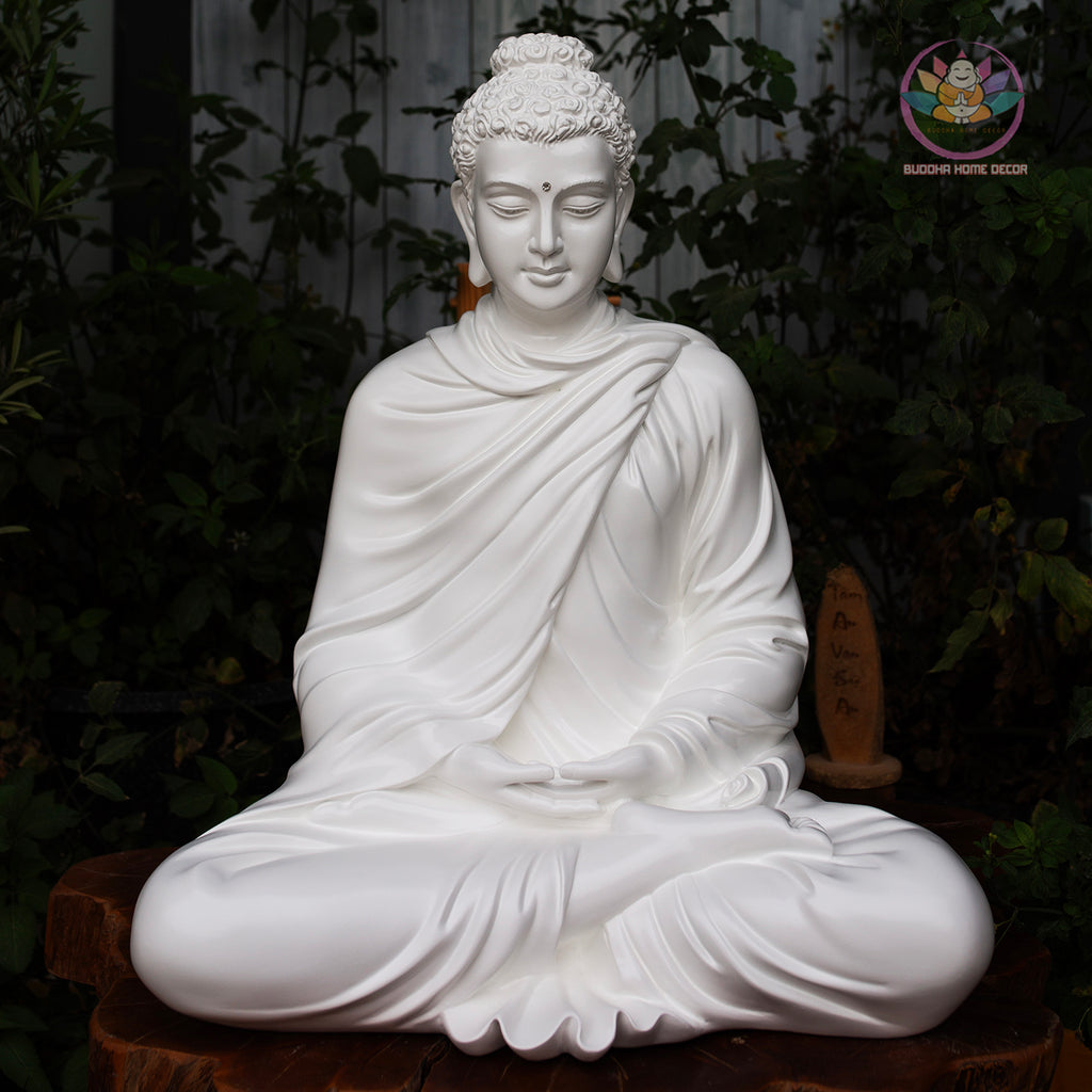 Silver Stone Buddha Statue – 20.5" (52cm) Shakyamuni in Meditation | Metallic Matte Finish | Handcrafted Resin Sculpture from Vietnam