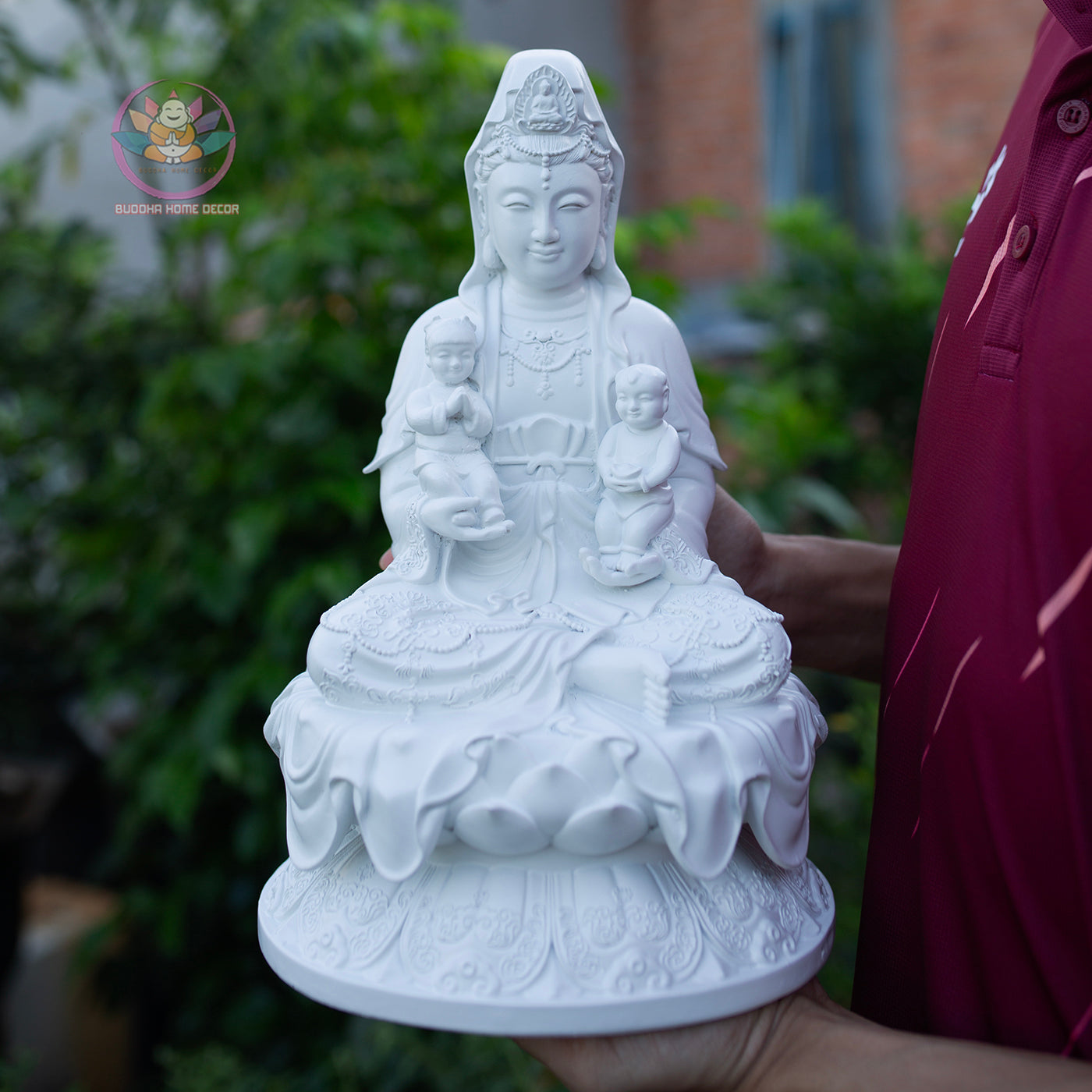 Quan Yin with Children Statue 11.8" | Composite Resin and Stone Powder | White Finish Guanyin Bodhisattva
