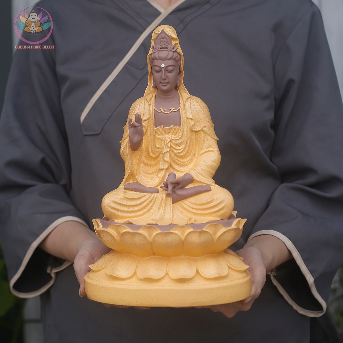 Yellow Robe Guanyin Statue – 11.8" Avalokiteshvara on Lotus Base | Kwan Yin Resin Sculpture for Altar & Zen Decor
