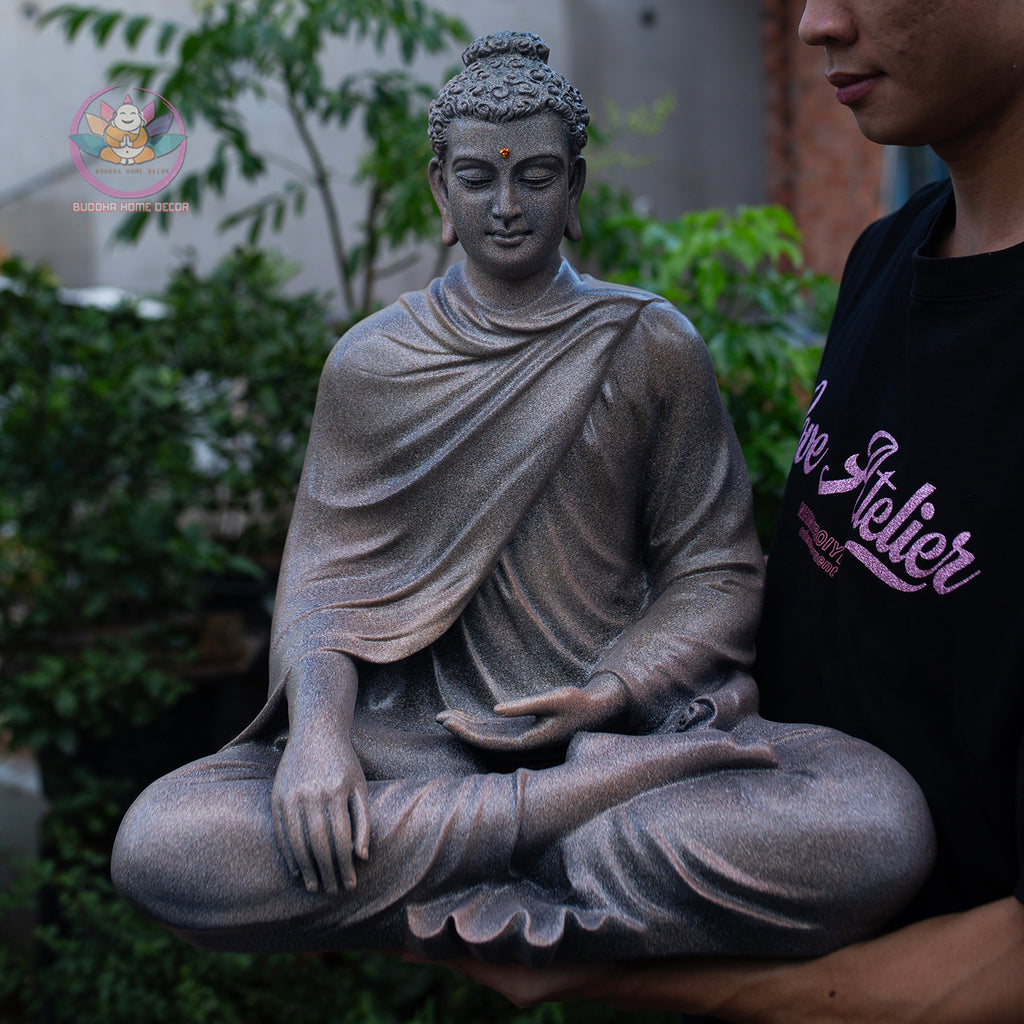 Large Buddha Statue 19.7" – Shakyamuni Meditation Sculpture in Antique Stone Finish