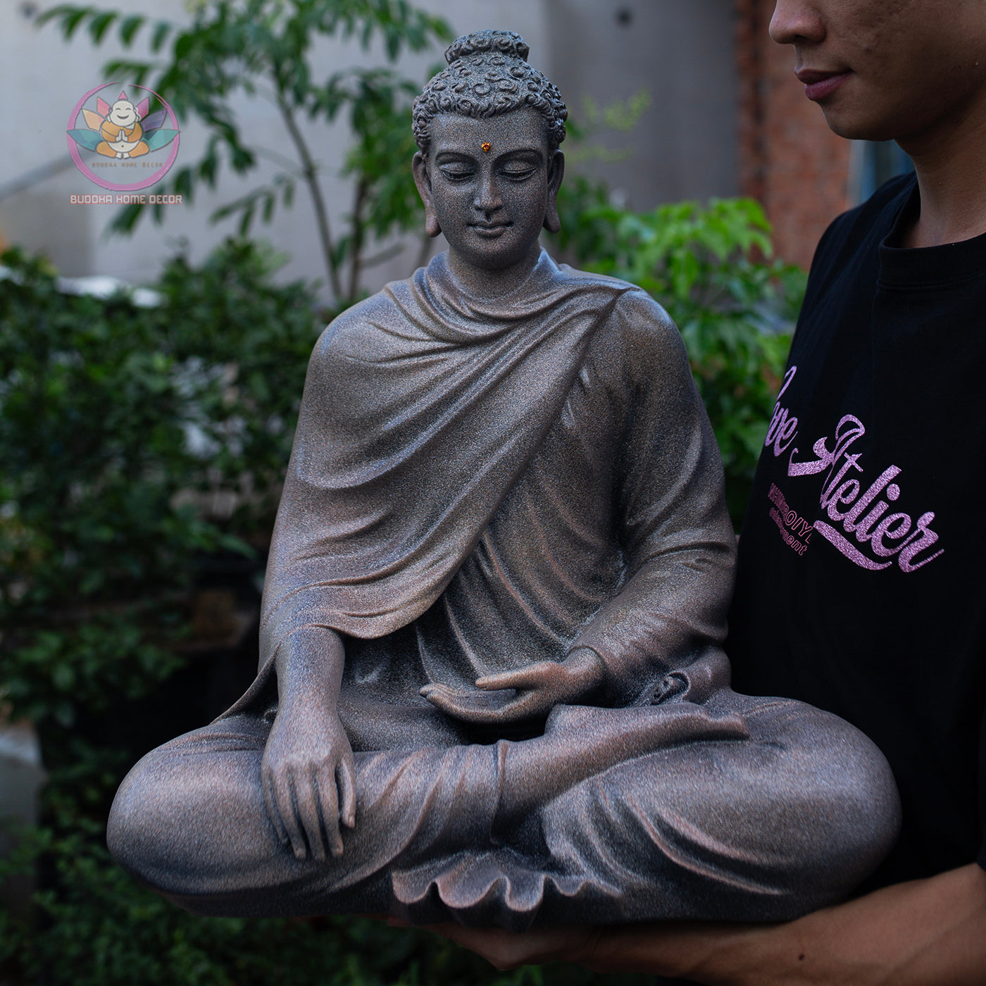 Large Buddha Statue 19.7" – Shakyamuni Meditation Sculpture in Antique Stone Finish