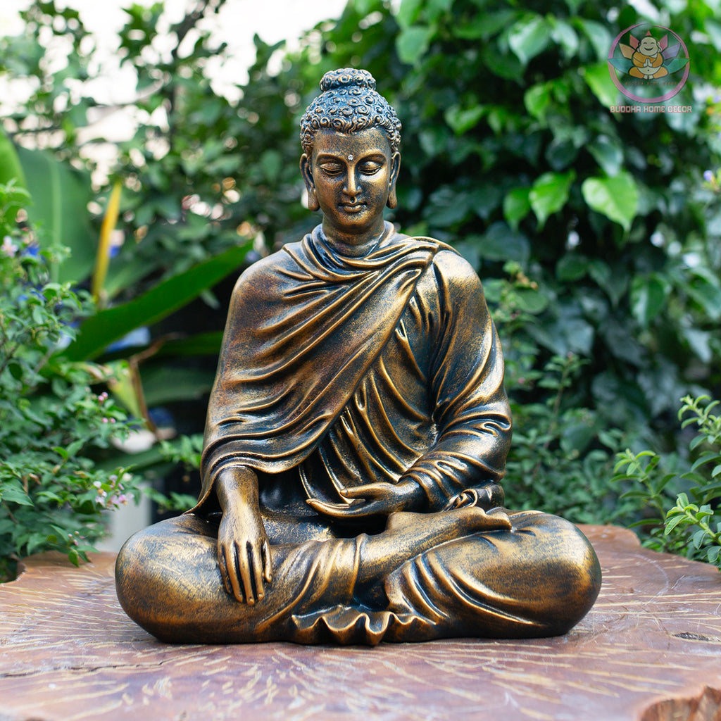 Bronze-Finish Buddha Statue – 14.6" Resin Shakyamuni Buddha Figurine – Zen Home Altar, Meditation Room, Asian Spiritual Decor Gift