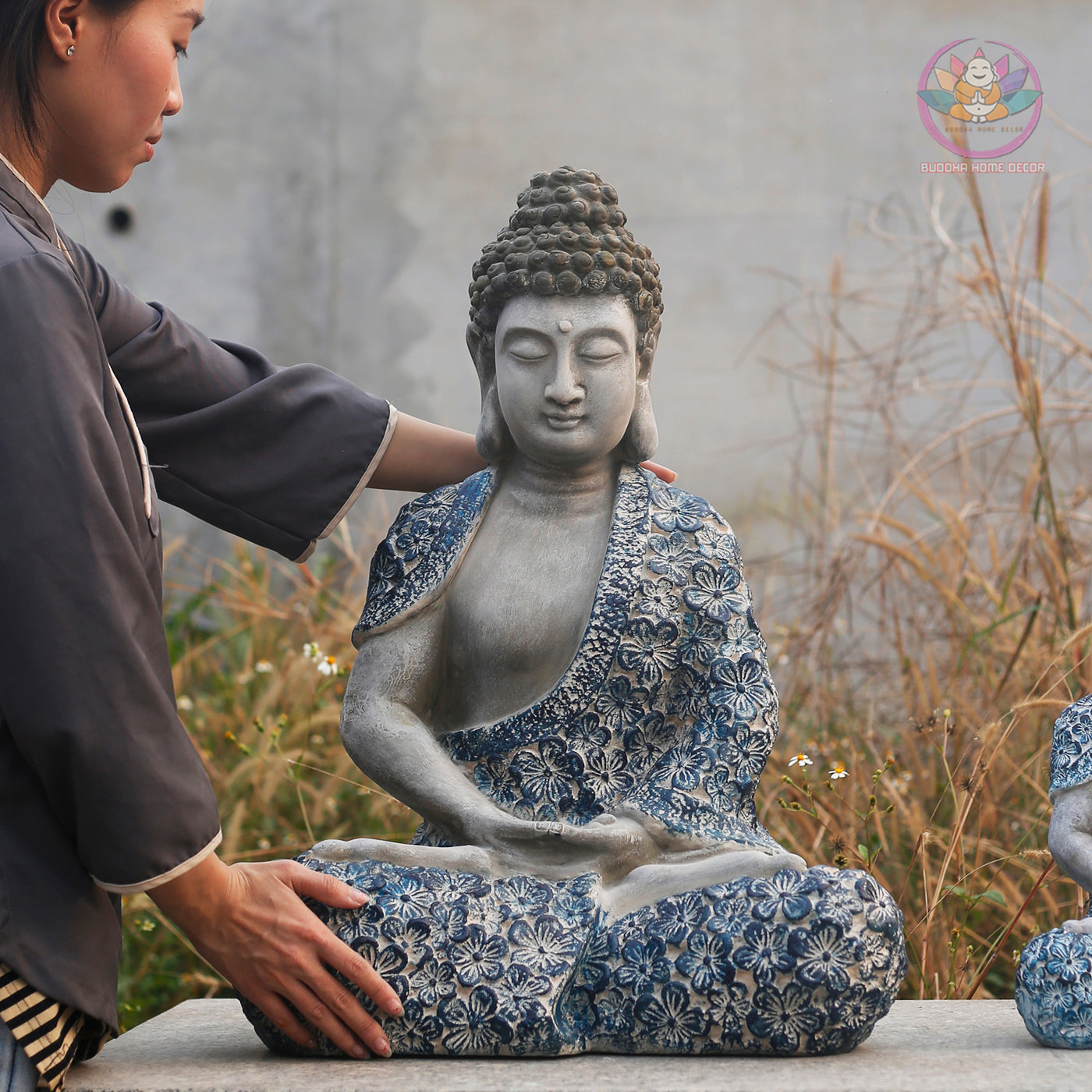 Floral Blue Buddha Statue – 17" & 27.5" | Handcrafted Resin Shakyamuni | Meditation Sculpture with Lotus Motif from Vietnam