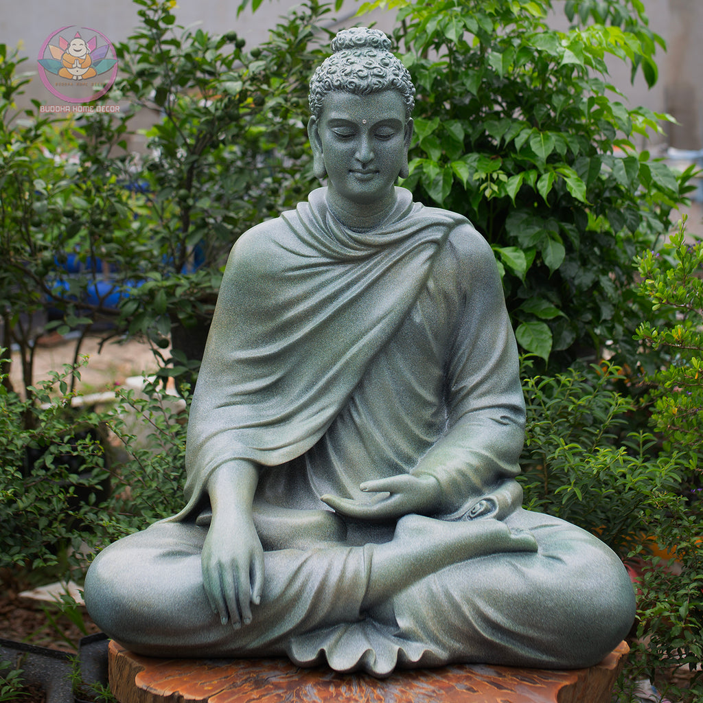 Shakyamuni Buddha Statue 29.5" – Large Resin & Stone Powder Buddha in Stone Grey or Light Teal Finish