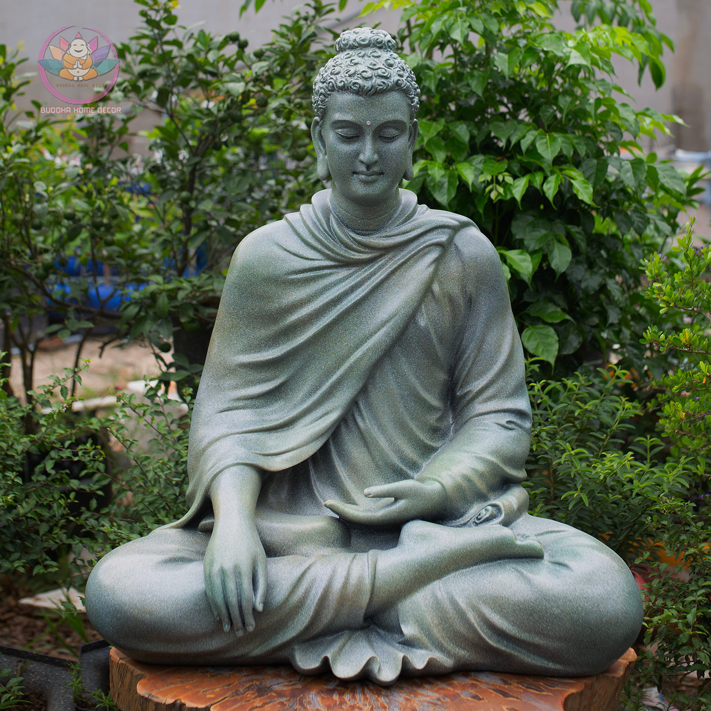 Shakyamuni Buddha Statue 29.5" – Large Resin & Stone Powder Buddha in Stone Grey or Light Teal Finish