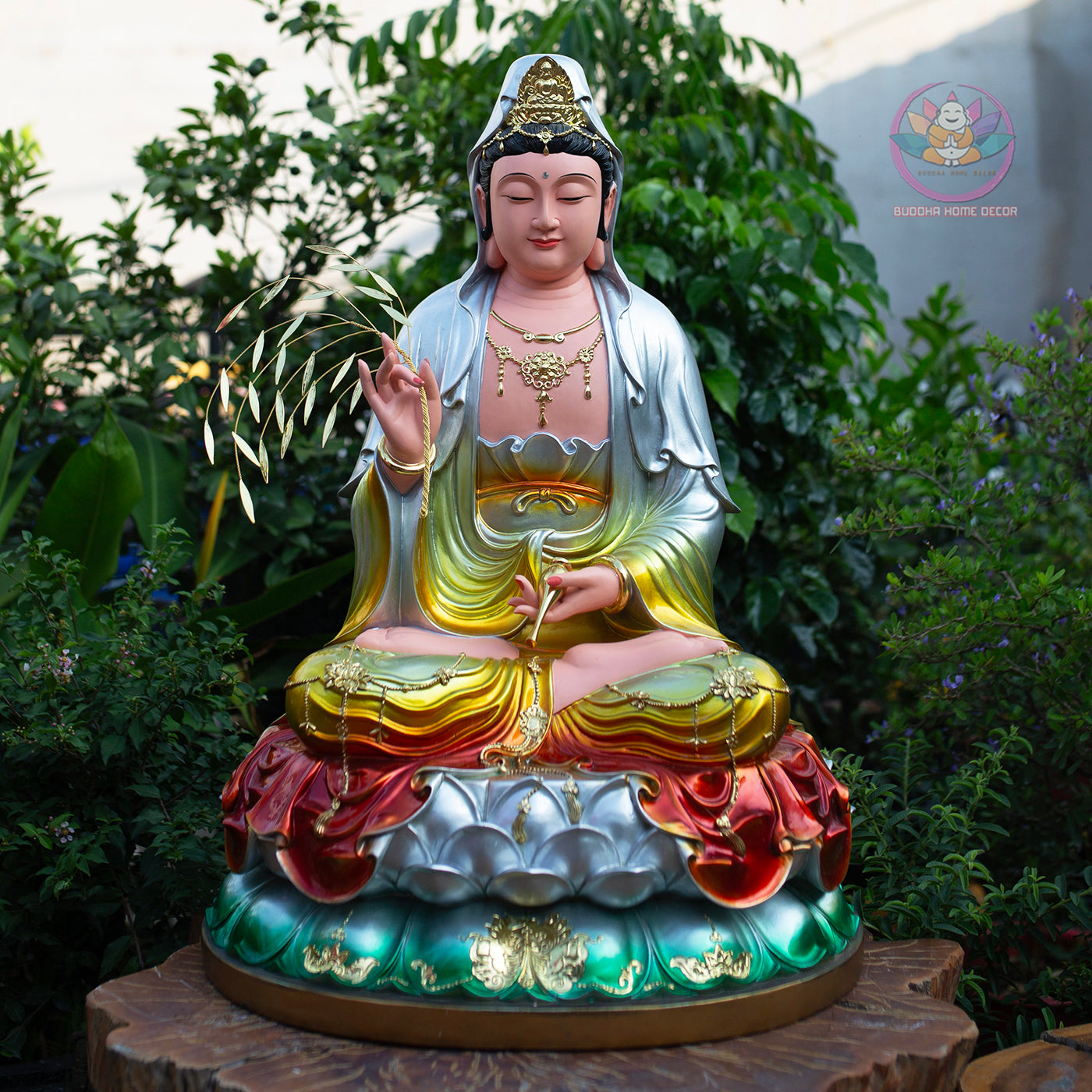 Multi-Color Quan Yin Statue 19.7" | Composite Resin and Stone Powder | Hand-Painted Guanyin Bodhisattva on Lotus Base | Buddhist Altar Decor