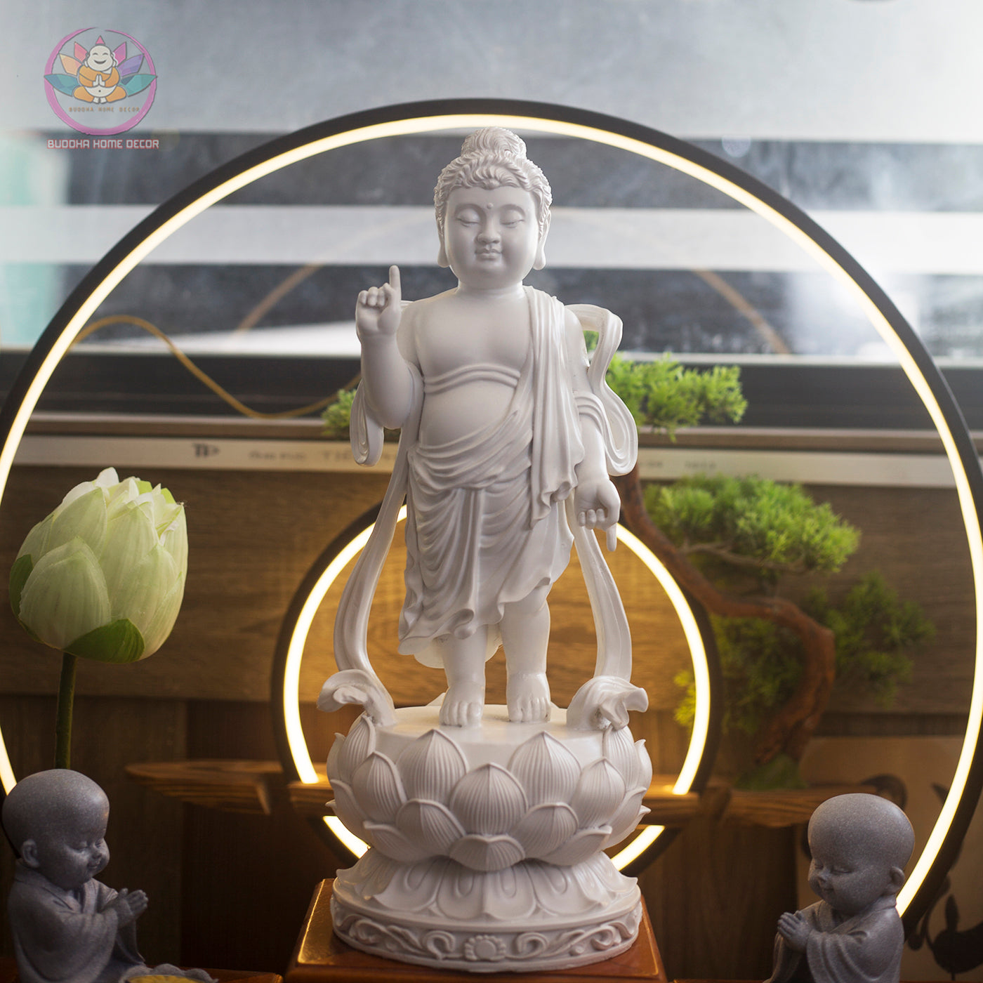 Baby Buddha Birth Statue – 15.7" Standing on Lotus | Resin Shakyamuni Nativity Sculpture | Vietnamese Buddhist Art
