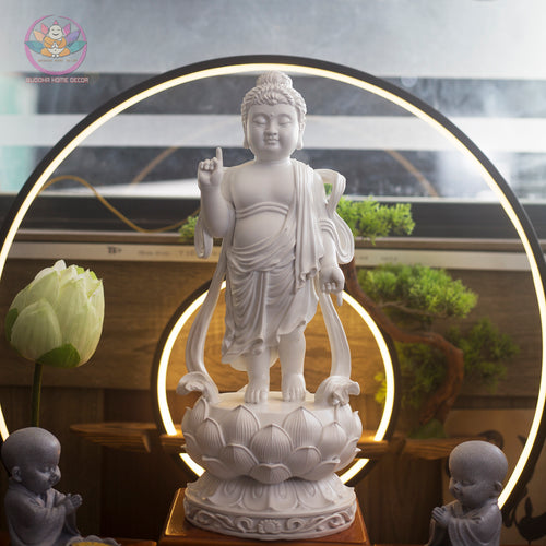 Baby Buddha Birth Statue – 15.7" Standing on Lotus | Resin Shakyamuni Nativity Sculpture | Vietnamese Buddhist Art