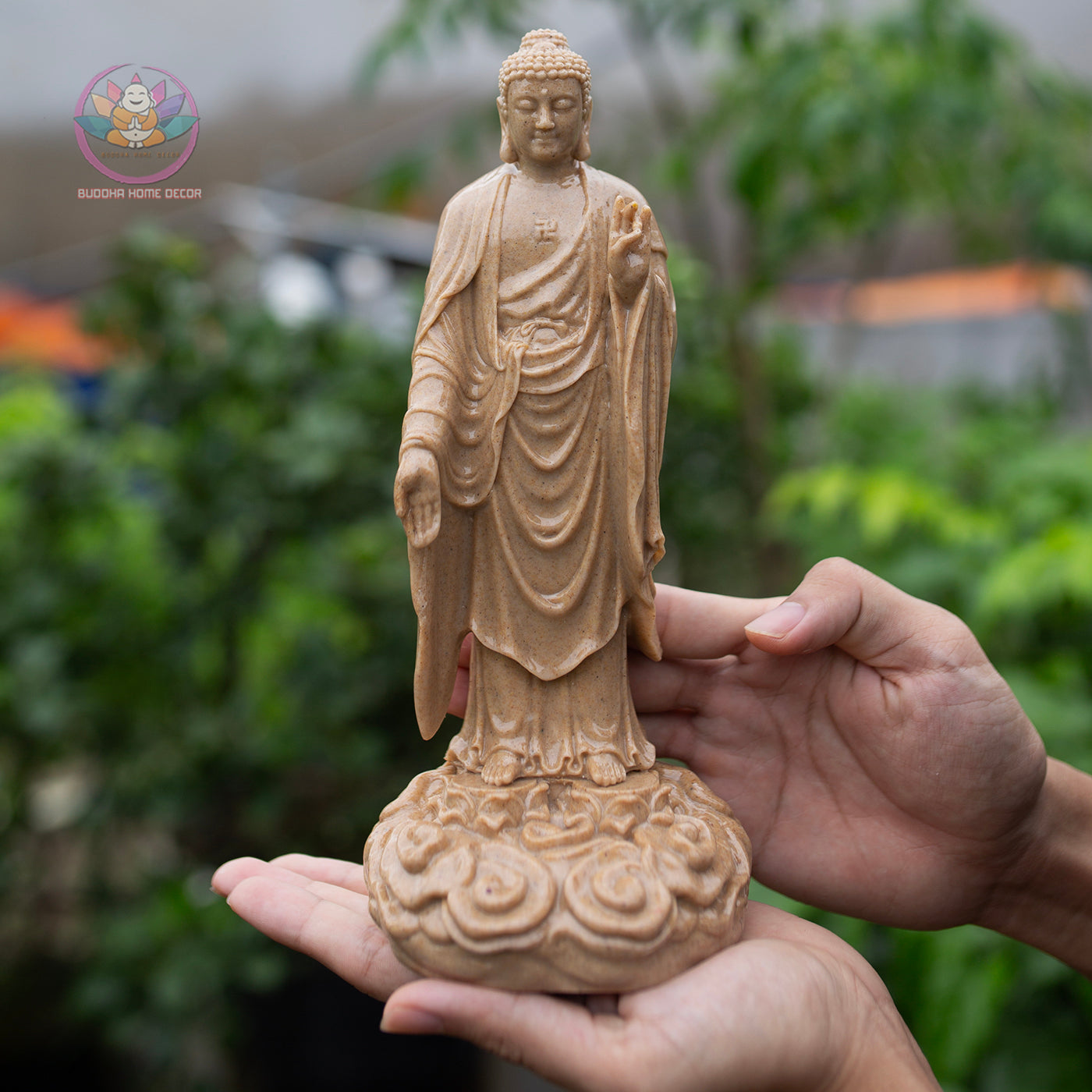 Amitabha Buddha Statue – 9" Standing Buddha on Lotus Base | Resin Stone Finish