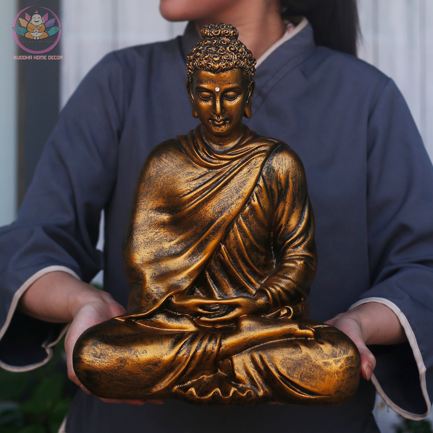 Antique Bronze Shakyamuni Buddha Statue – 13.7" Resin Sculpture | Vintage Look for Meditation, Home Altar & Spiritual Gift
