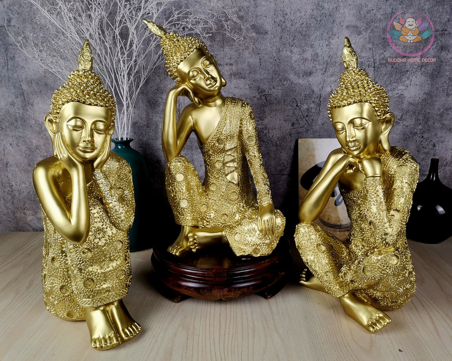 Gold Buddha Trio Statue Set – 14.6" Resin Meditating Buddhas – Peaceful Zen Home Altar, Meditation Space, Spiritual Decor Gift