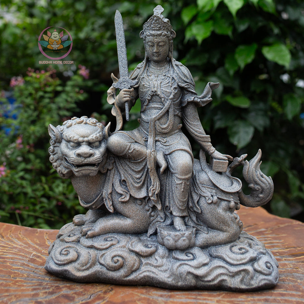 Manjushri and Samantabhadra Bodhisattva Statues 11.8" – Composite Stone Finish Buddhist Deities on Lion and Elephant