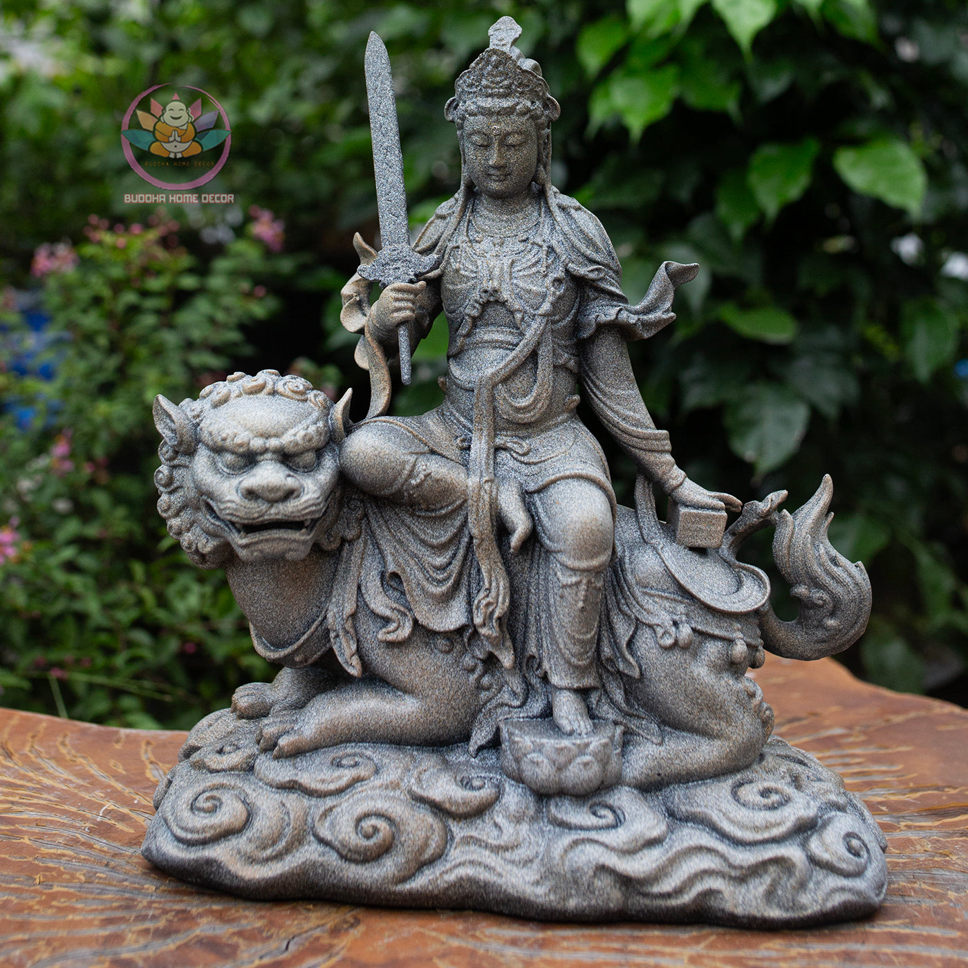 Manjushri and Samantabhadra Bodhisattva Statues 11.8" – Composite Stone Finish Buddhist Deities on Lion and Elephant