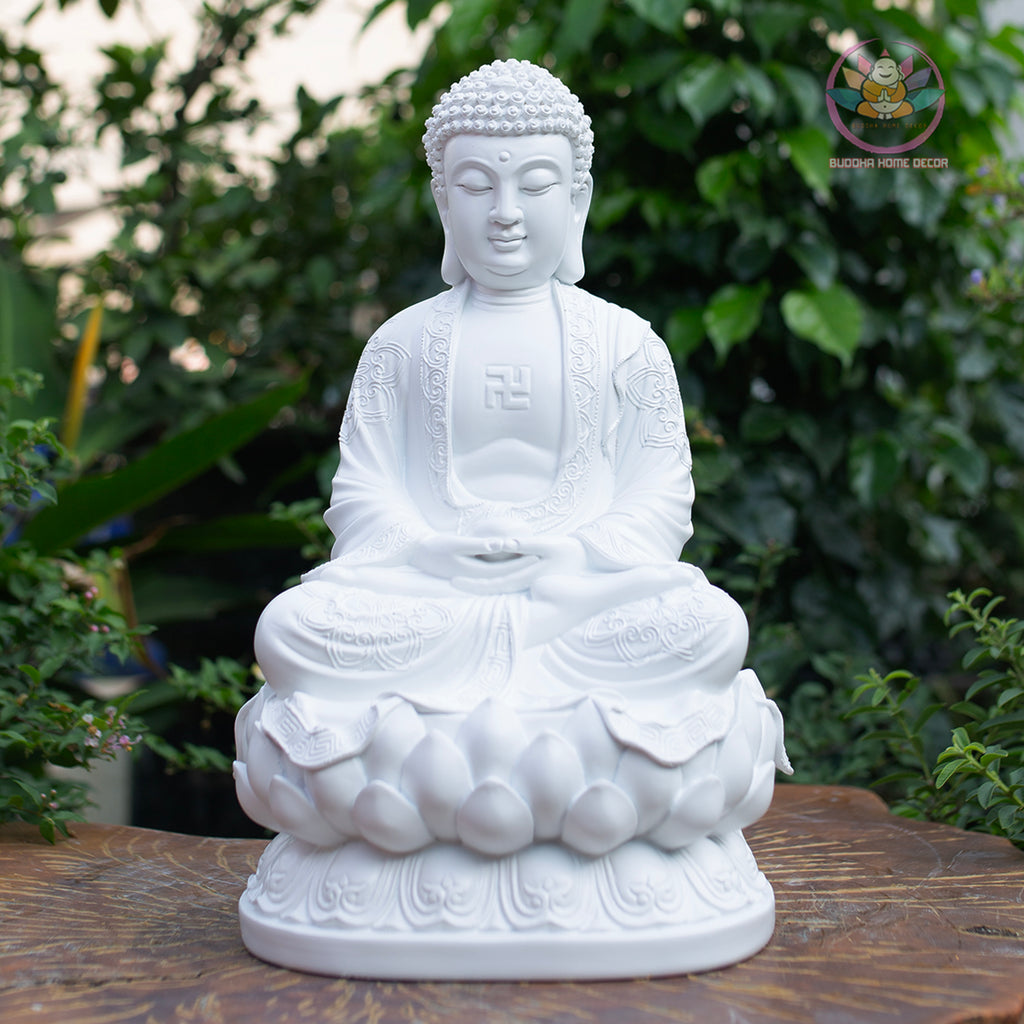 White Buddha Statue – 14.6" Resin Amitabha Buddha Figurine – Zen Home Altar Decor, Meditation Room, Spiritual Gift