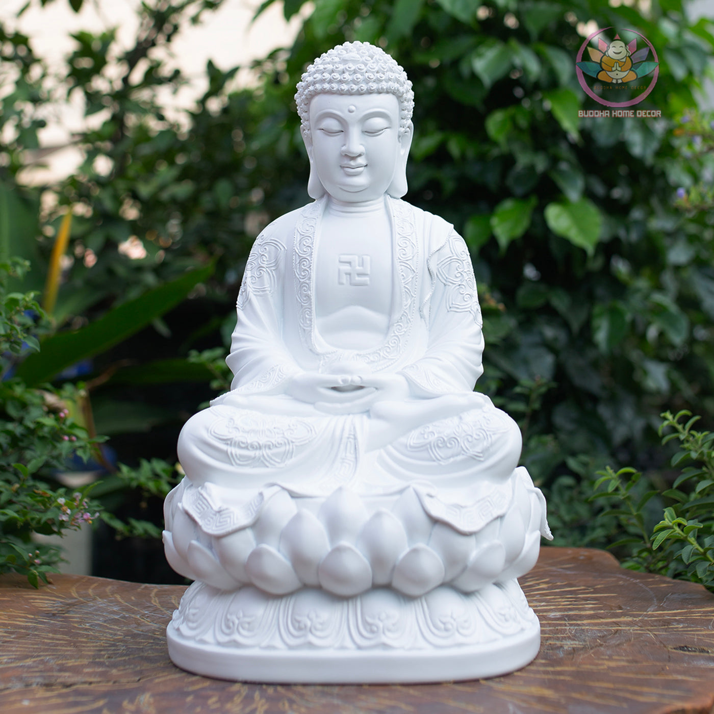 White Buddha Statue – 14.6" Resin Amitabha Buddha Figurine – Zen Home Altar Decor, Meditation Room, Spiritual Gift