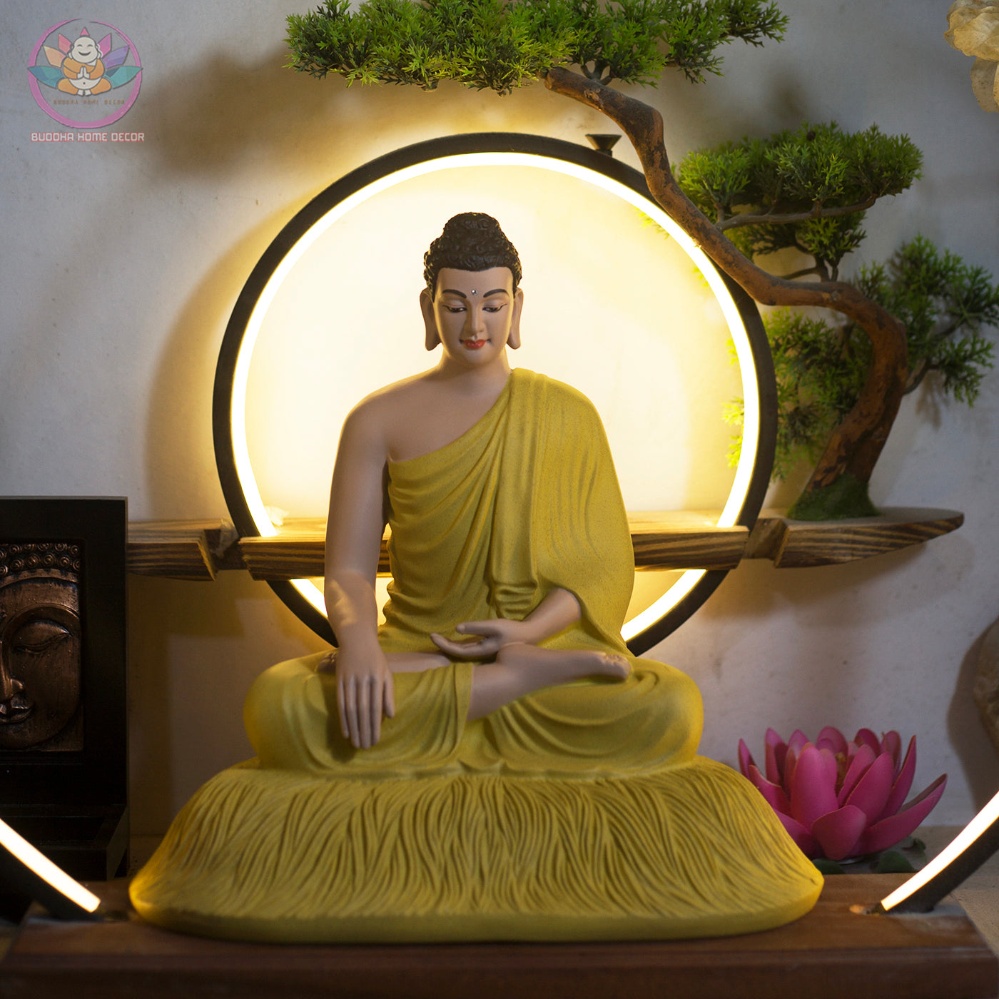 Yellow Robe Shakyamuni Buddha Statue – 11.8" Resin Sculpture on Lotus Base | Serene Meditation Decor & Spiritual Gift