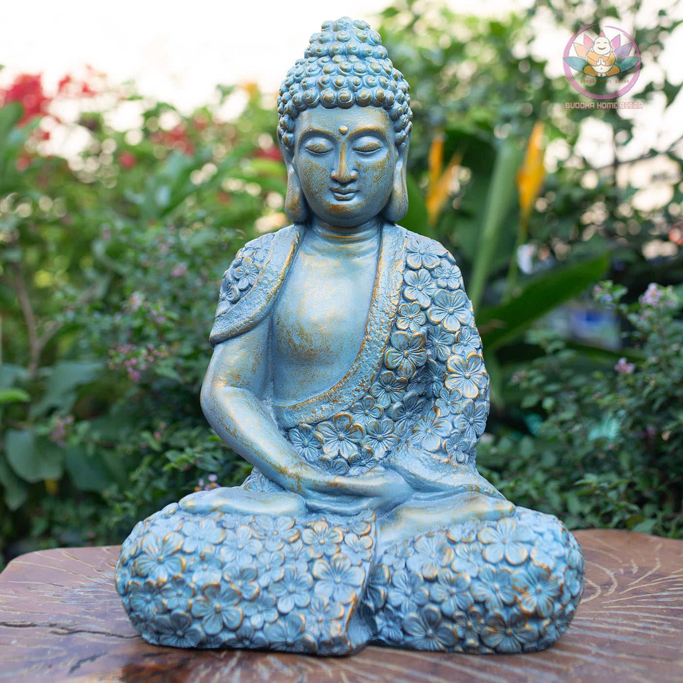 Shakyamuni Buddha Statue – Blue Floral Meditation Sculpture – Zen Home Decor, Buddhist Altar Ornament, Mindfulness Spiritual Gift