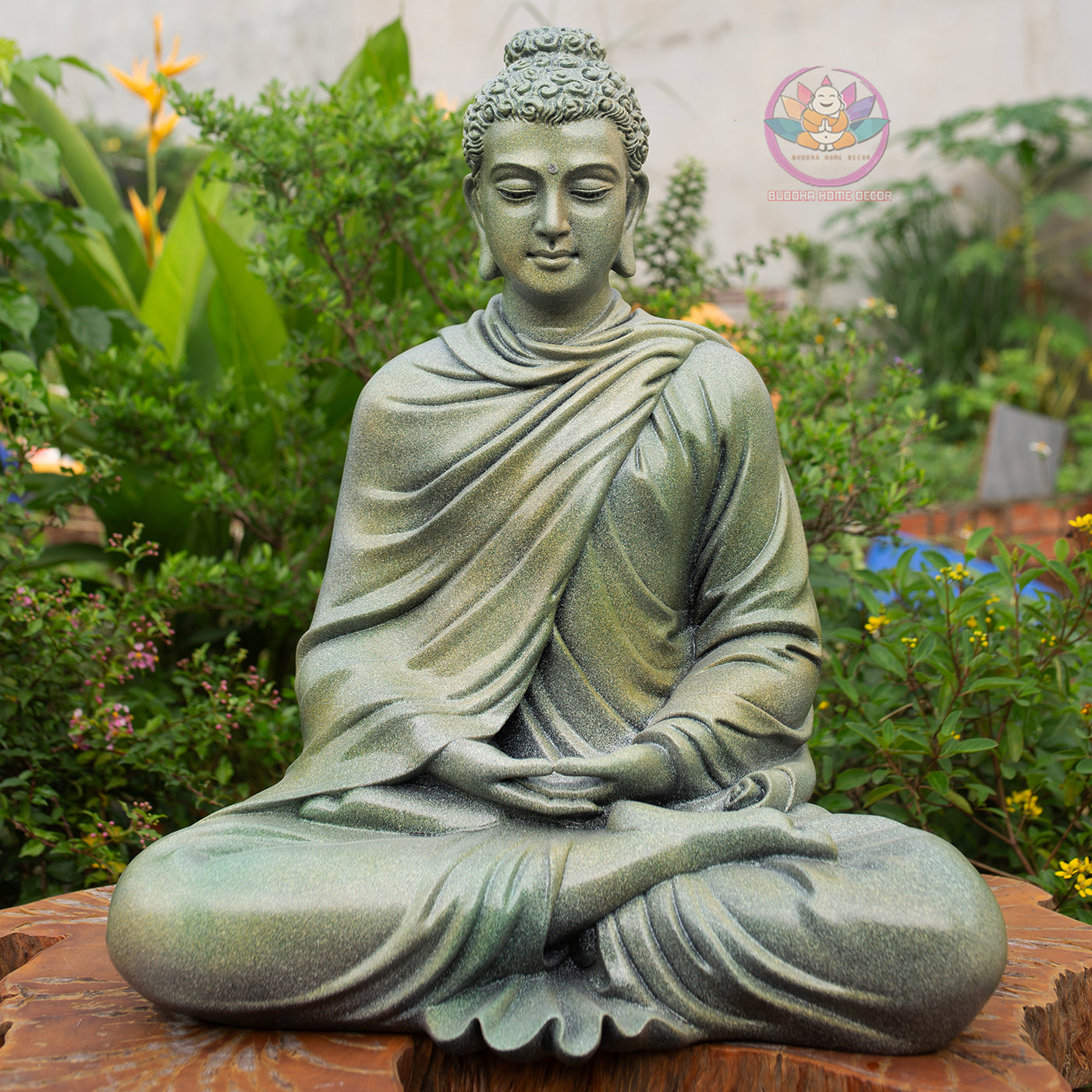 Shakyamuni Buddha Statue 20.5" | Composite Resin and Stone Powder | Green Stone Finish | Seated Meditation Buddha for Home and Garden Decor