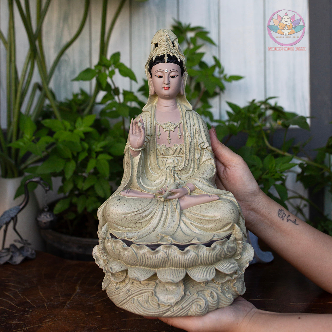 Matte Beige Guanyin Statue 11.8” | Kuan Yin Goddess of Mercy Figurine | Resin Sculpture for Altar, Zen Home, Meditation, Spiritual Gift