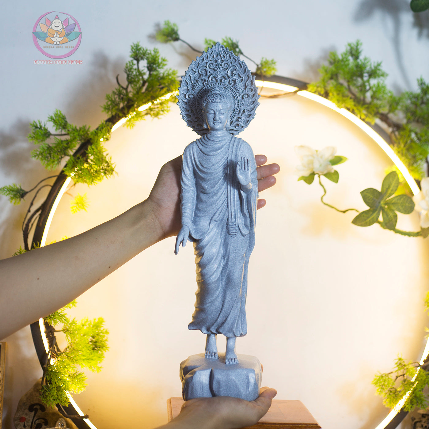 Shakyamuni Buddha Blessing Statue with Halo – 43cm Resin Stone Sculpture | Standing Buddha Figurine