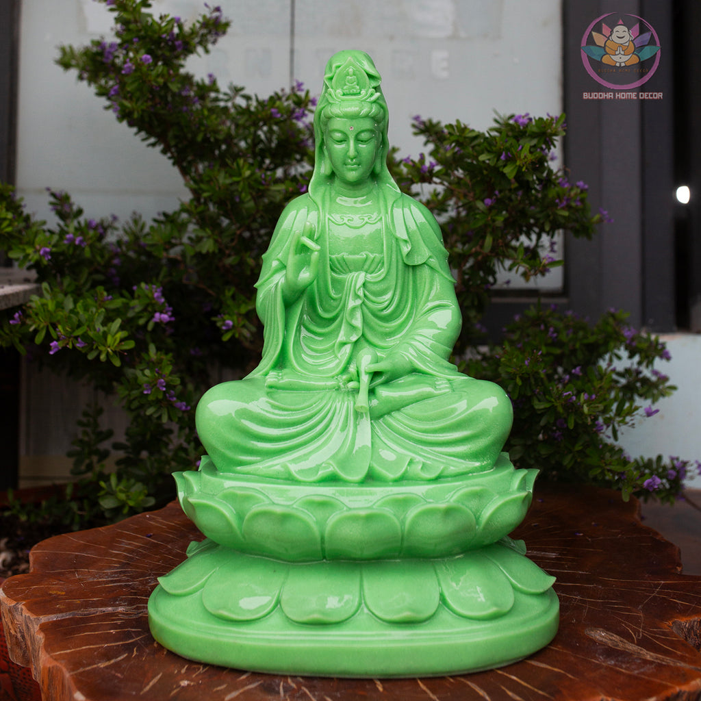 Jade Green Guanyin Statue – 17.7" Resin Kwan Yin Bodhisattva Figurine – Asian Spiritual Decor for Home Altar, Zen Space, or Meditation Gift