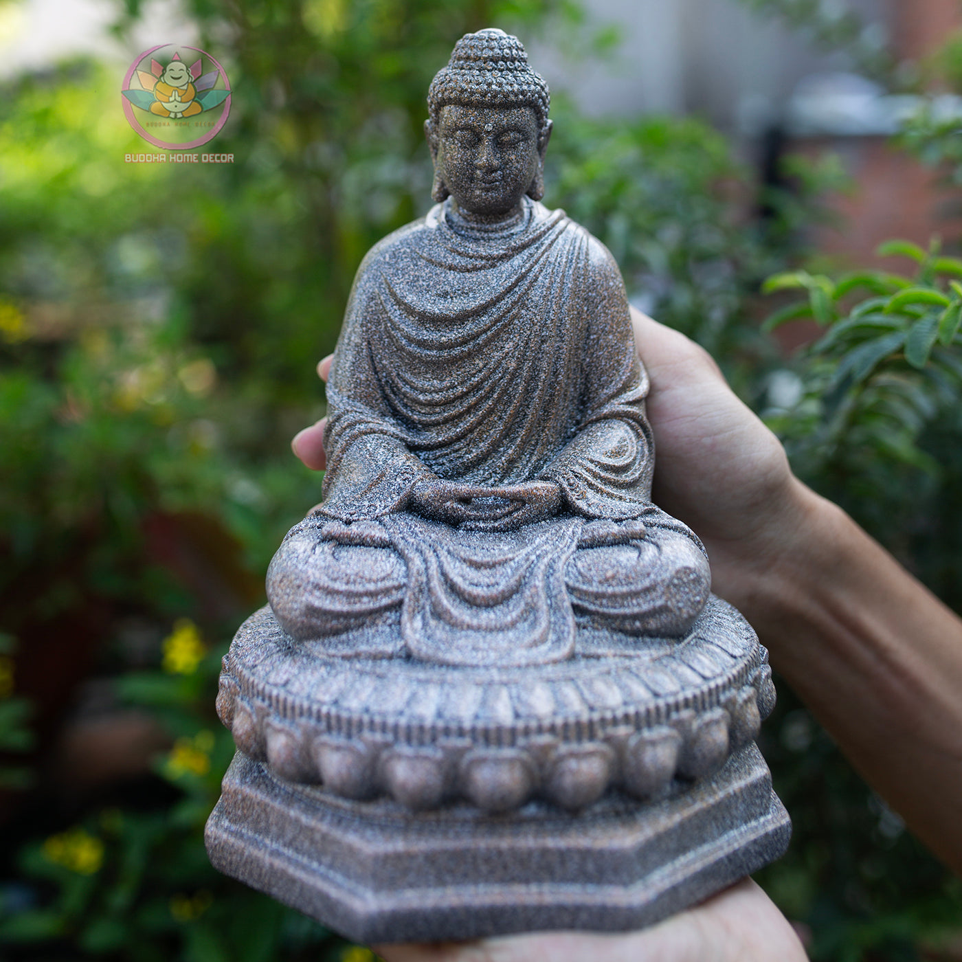 Shakyamuni Buddha Statue | Composite Resin and Stone Powder | Granite Stone Finish | Seated Meditation Buddha on Lotus Pedestal