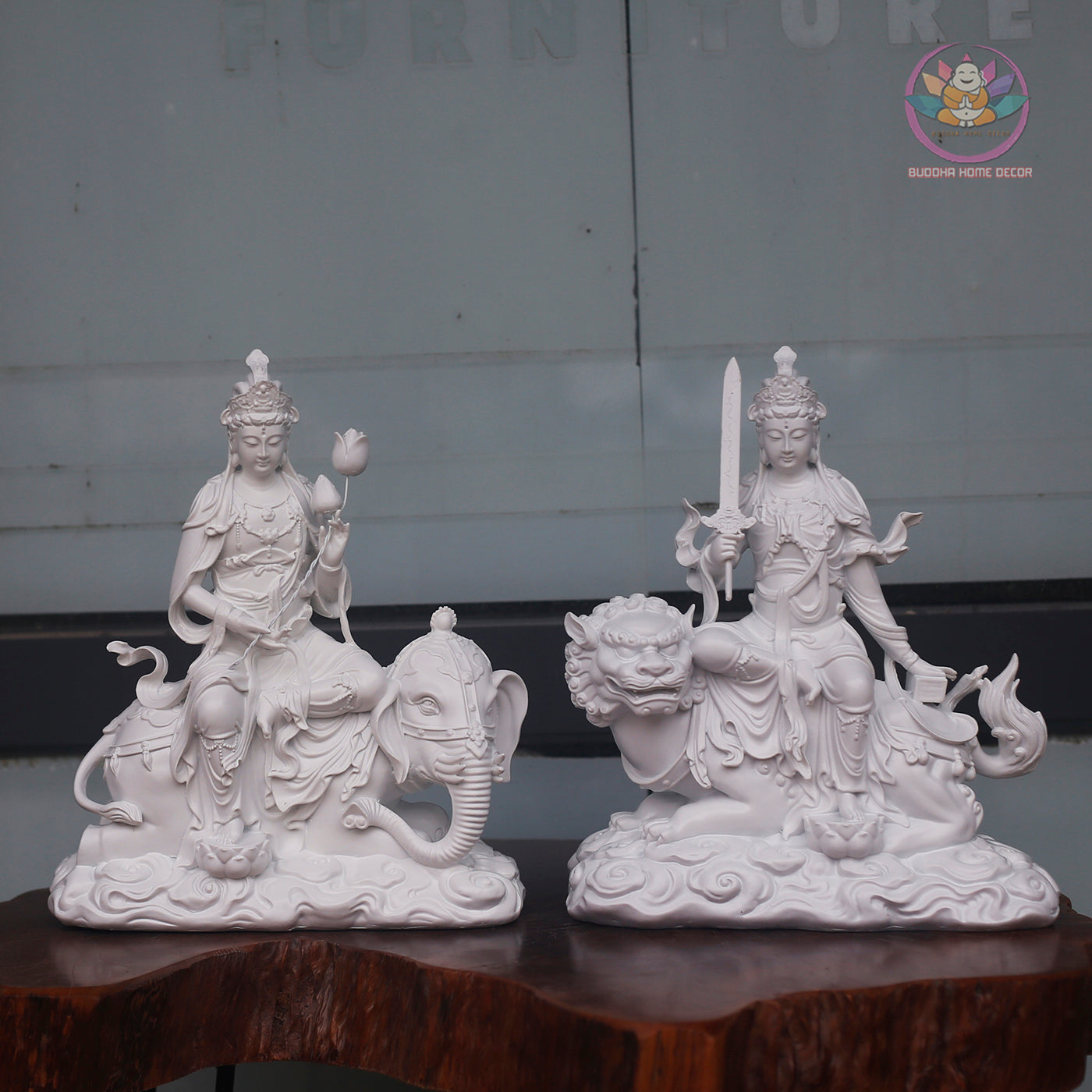 Manjushri & Samantabhadra Statue Set 11.8” | Buddhist Deity Figurines | Resin Sculpture for Altar, Zen Home, Meditation Decor