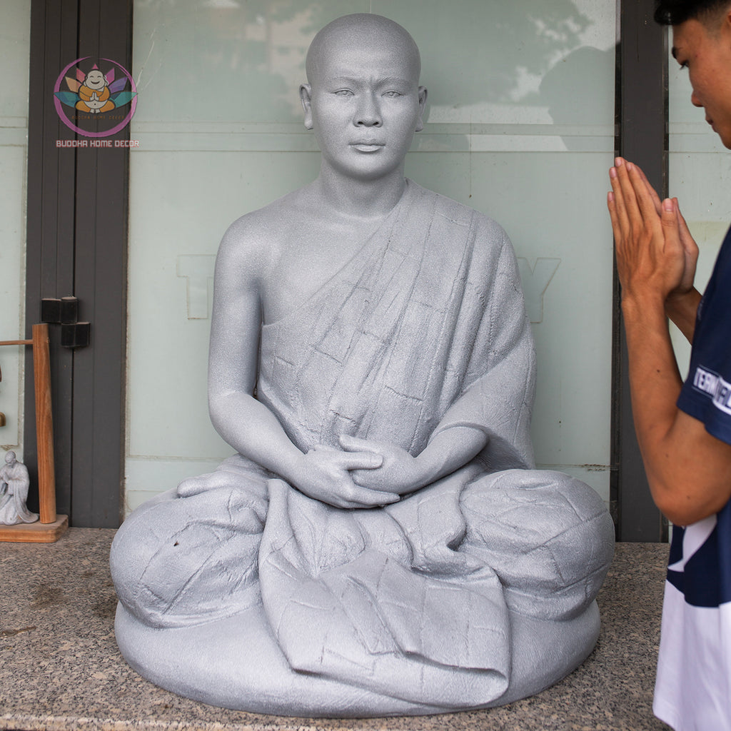 Thich Minh Quang Monk Statue 36" | Composite Resin and Stone Powder | Grey Stone Finish | Seated Meditation Monk Sculpture