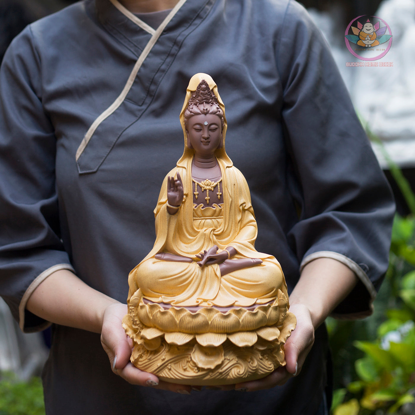Matte Beige Guanyin Statue 11.8” | Kuan Yin Goddess of Mercy Figurine | Resin Sculpture for Altar, Zen Home, Meditation, Spiritual Gift
