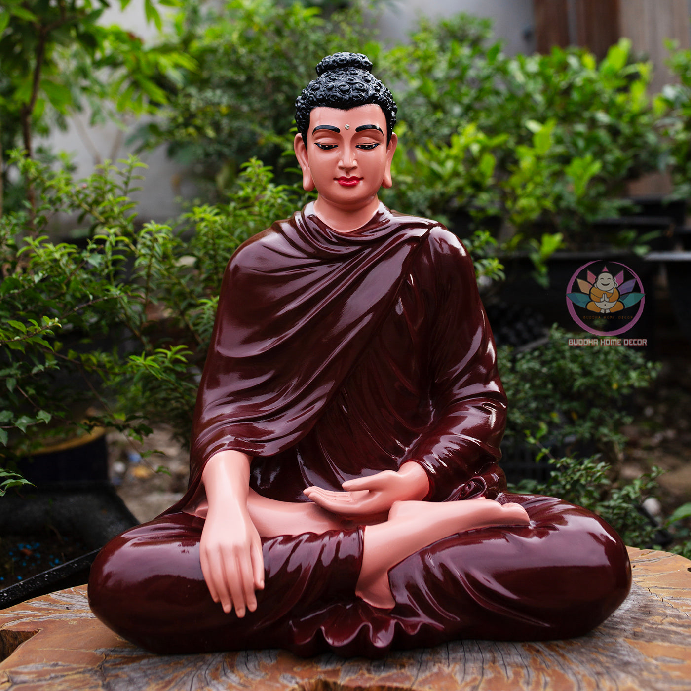 Shakyamuni Buddha Statue 19.7" | Composite Resin and Stone Powder | Glossy Ceramic Brown Finish