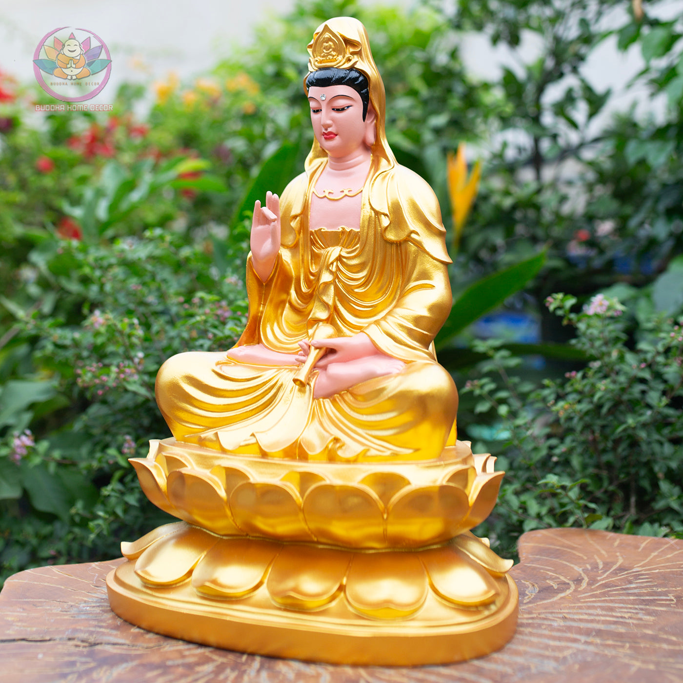 Golden Quan Yin Statue – Large Guanyin Goddess of Mercy on Lotus, Buddhist Altar & Meditation Room Decor (17.7”H x 12.2”W x 9.4”D)
