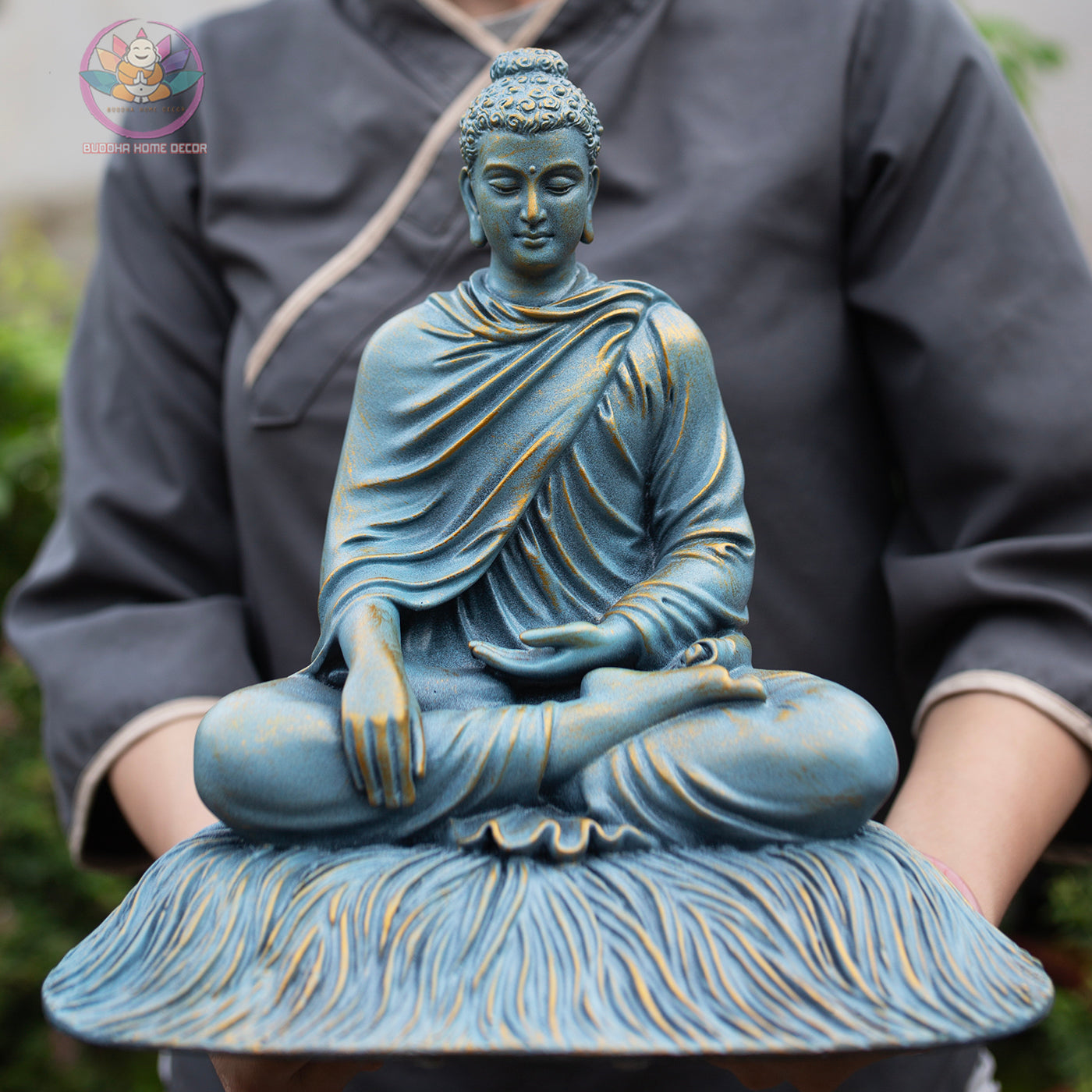 Shakyamuni Buddha Statue 11.8" – Antique Bronze Blue Resin Meditation Sculpture, Seated Buddhist Figurine, Zen Home Altar Spiritual Decor