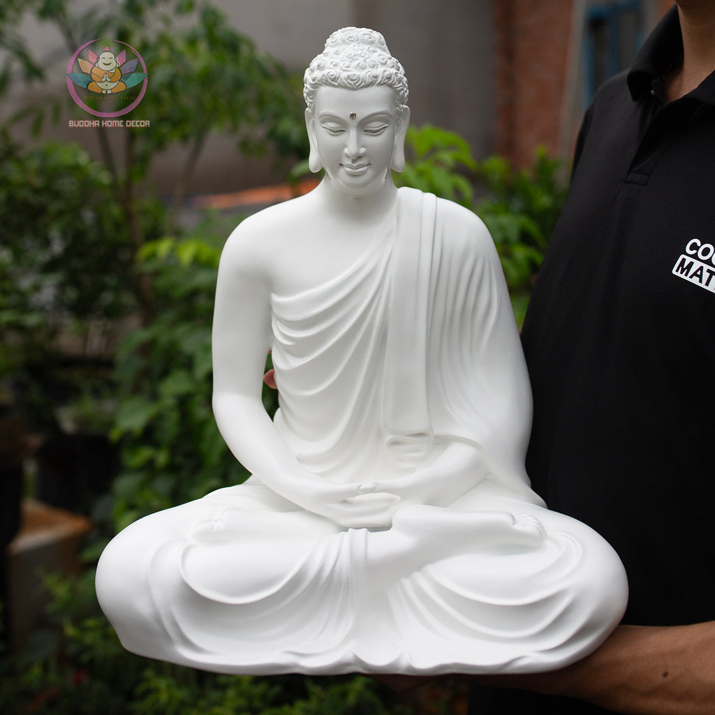 White Shakyamuni Buddha Statue – 37cm Resin Stone Sculpture | Meditating Buddha Figurine