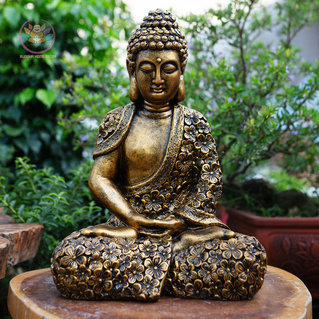 Gold Floral Buddha Statue – 27.6" & 16.9" Resin Meditating Buddha Figurine – Zen Home Altar, Garden, Spiritual Decor Gift