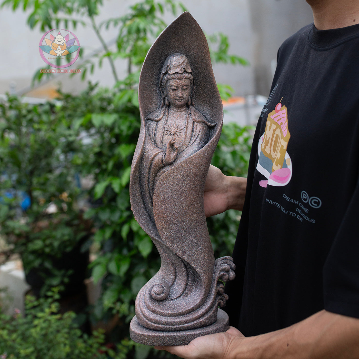 Guanyin Bodhisattva Statue 18.9" – Lotus Leaf Design Kwan Yin in Antique Stone Finish