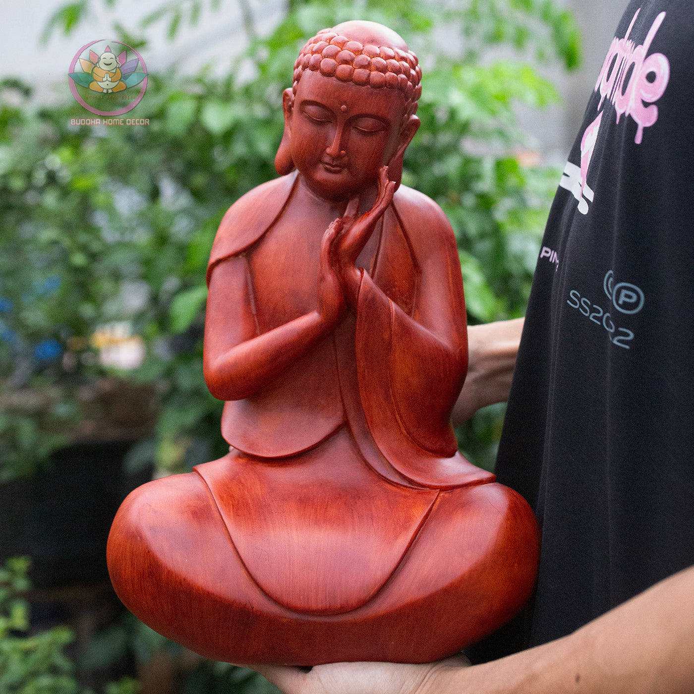 Resting Buddha Statue 13.8" – Red Wood Finish Peaceful Meditating Buddha Sculpture